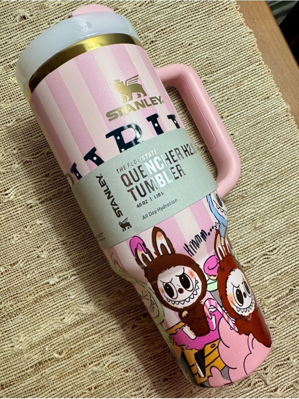 Stanley x Labubu Pink Striped Quencher H2.0 Tumbler Gift Box Velvet Bag